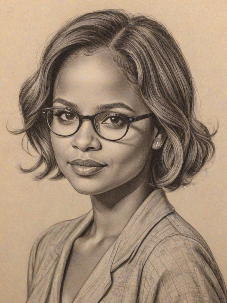 Lovely Christina Milian, pencil sketch, portrait of Delightful woman 1932s in glasses, hair style beatnik, outline, clear lines, fine lines, 8k