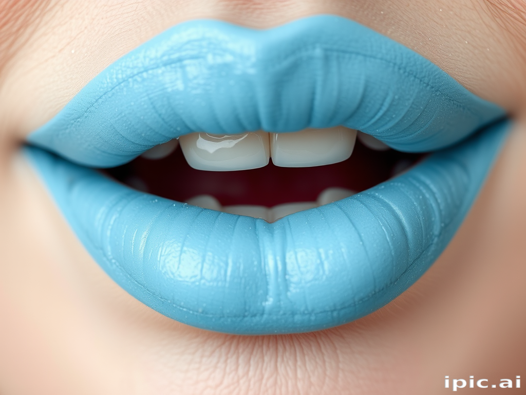 Whimsical pastel blue lips with a frosted finish, evoking a dreamy and fantastical aesthetic, ideal for creative and artistic makeup