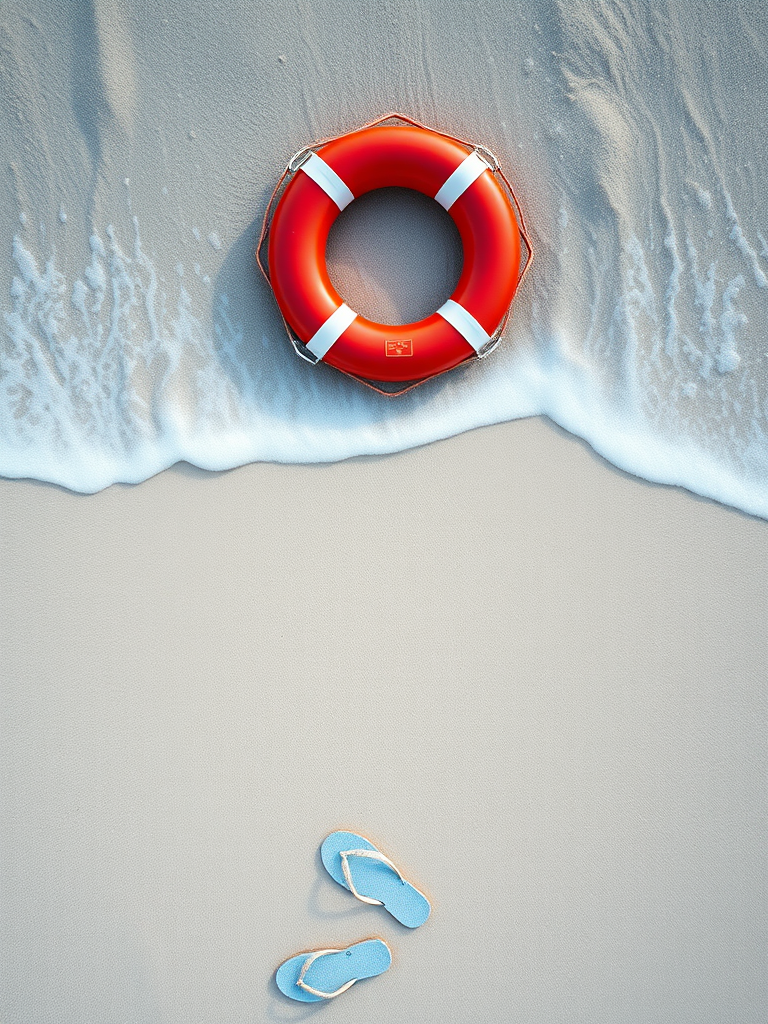 create an image of a sandy beach with a lifebuoy, flip-flops, and footprints leading to gentle waves, shot with a Canon EOS R5, aperture f/8, ISO 100, 24mm lens, top-down view, vibrant colors and high detail