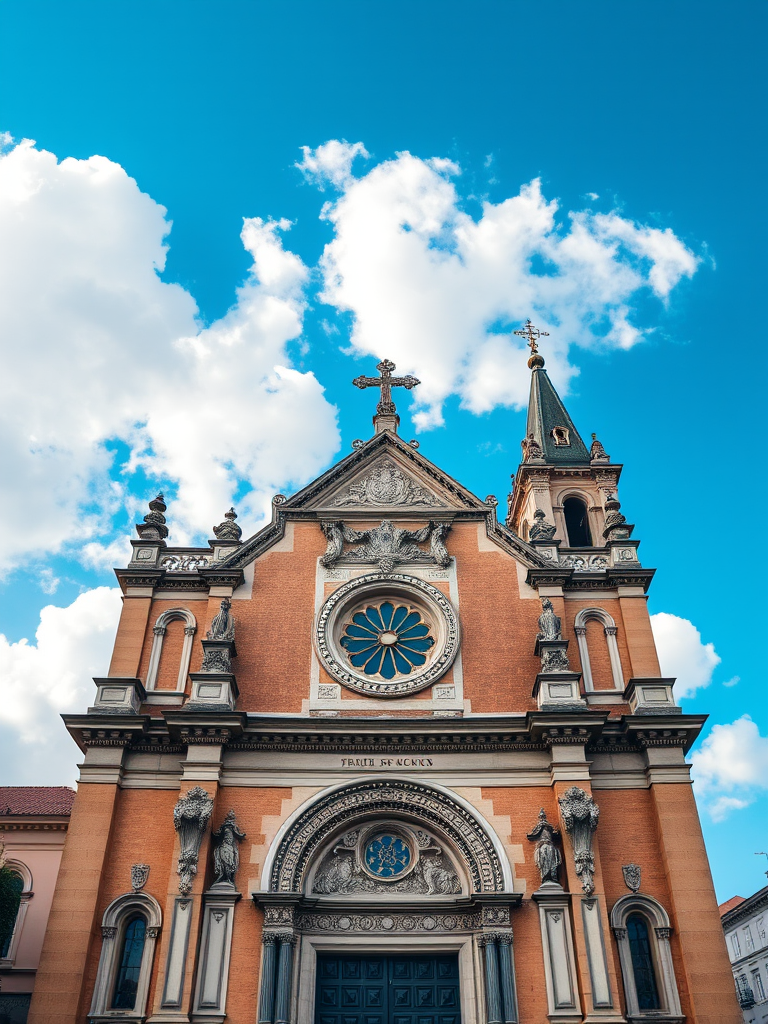 A high-resolution image of a historic church facade with intricate architectural details under a clear blue sky featuring fluffy white clouds, taken with a DSLR camera at f/8 aperture, ISO 100, 1/200s shutter speed, using a wide-angle lens capturing a soft focus on the surroundings for depth.