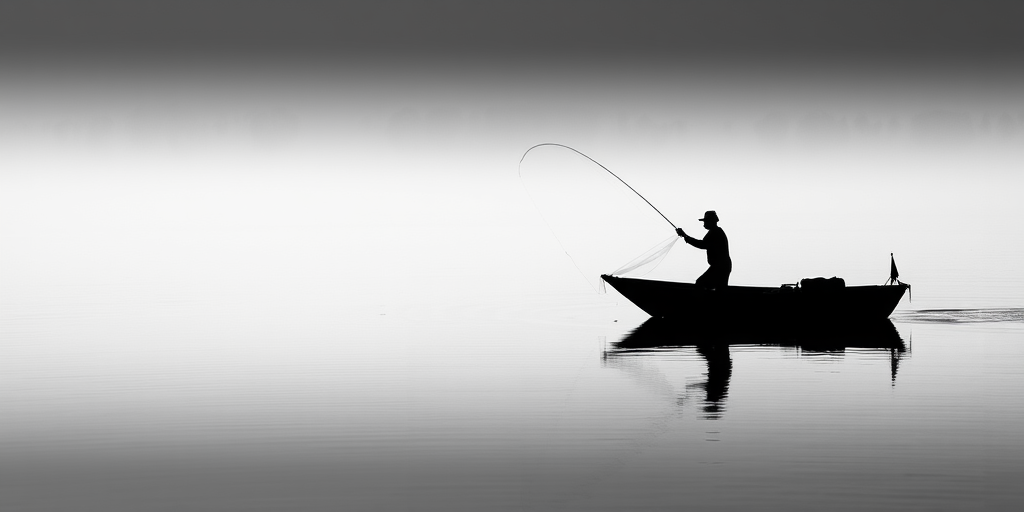 A fisherman casting a net from a small boat on a calm lake, with a focus on the silhouette in black and white; camera settings: ISO 200, f/4, 1/500s; camera view: side profile; camera style: monochrome; camera type: DSLR.