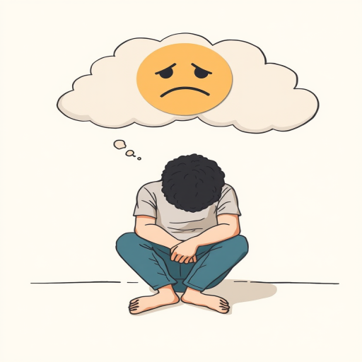 Create an illustration depicting a person sitting with a slumped posture, surrounded by cloud-like shapes representing negative thoughts, incorporating a large sad face icon, use soft pastel colors and a minimalist design style, shot with a Canon EOS R5, 50mm lens, aperture f/1.8, ISO 200, natural light for enhanced clarity and depth.