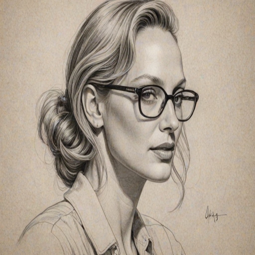 Graceful Uma Thurman, pencil sketch, portrait of Resplendent woman 1934s in glasses, hair style beatnik, outline, clear lines, fine lines, 8k