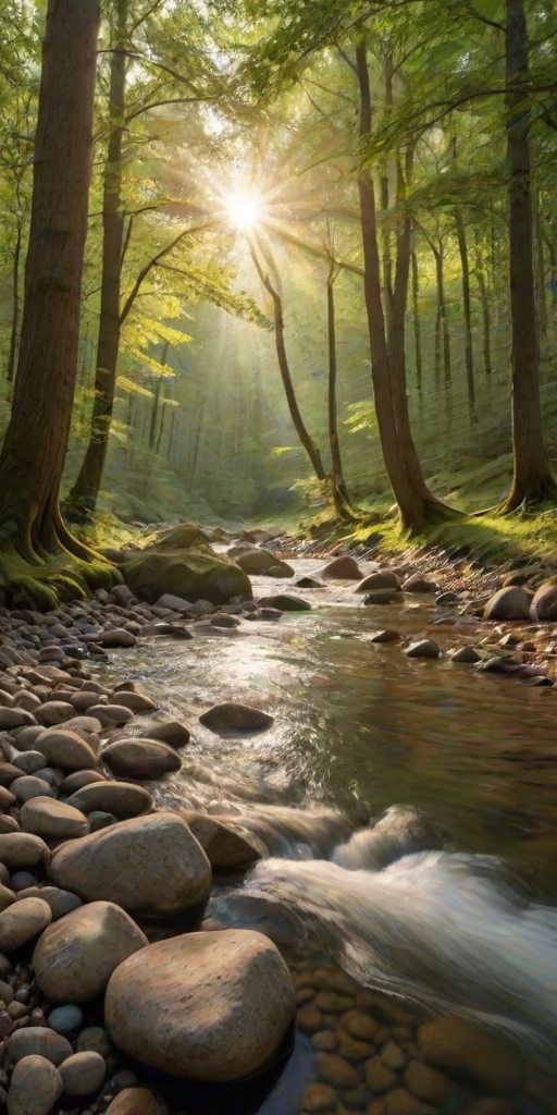 Create an image of a serene, sunlit forest scene with a clear, gently flowing river. Tall trees with lush green foliage line both sides of the river, their leaves bathed in the warm golden light of the setting or rising sun. The sunlight filters through the trees, casting soft, dappled light on the river, which flows over smooth rocks and pebbles, creating a peaceful, natural atmosphere. The sky is bright with a few scattered clouds, and the overall mood is tranquil, evoking a deep sense of connection with nature. The image captures the beauty of a calm, pristine forest landscape at either dawn or dusk.