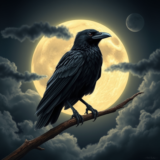 a raven perched on a branch against a full moon with dramatic clouds, highly detailed and realistic style