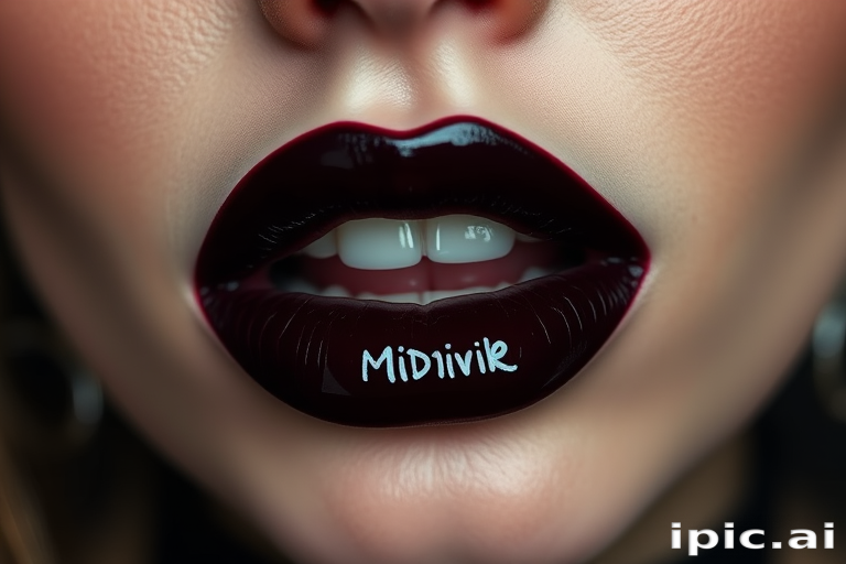 Glossy black cherry lips dubbed "Midnight Velvet" offer a deep, sultry look with a high-shine finish, ideal for gothic and edgy fashion enthusiasts