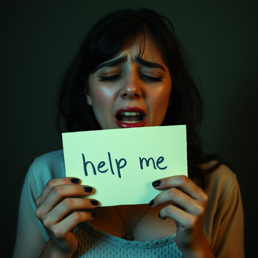 crying woman holding a note which says "help me"