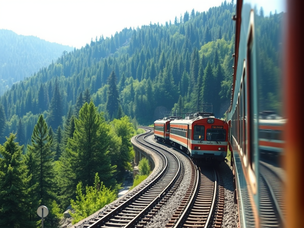 capture a high-resolution image of two trains on a mountain railway surrounded by lush green trees under bright daylight, using a DSLR camera with a focal length of 50mm, aperture set to f/8, ISO 200, and a shot from a slight elevation to showcase the landscape depth