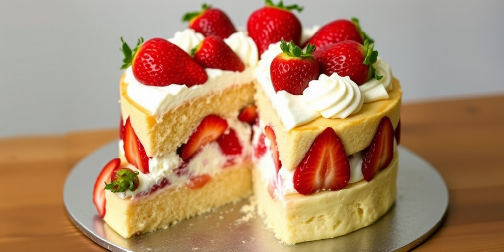A delicious layered cake with a light yellow sponge base filled with whipped cream and fresh strawberries, topped with whole strawberries and decorative dollops of cream, served on a silver cake board, with a slice cut out to reveal the filling inside.