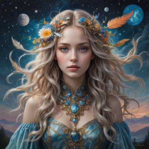 Create a series of imaginative portraits where each subject is infused with elements of fantasy and nature. The hair of the individuals should flow like clouds, varying from soft, fluffy cumulus to wispy cirrus strands, with hints of color reflecting a sunset or a clear blue sky. The eyes should be windows to entire galaxies, with stars, nebulae, and distant planets visible within them. Clothing should be adorned with nature motifs, such as floral patterns that bloom and change, vines that seem to grow and wrap around, or feathers that shimmer with iridescence. Each portrait should capture a unique personality, blending human features with the ethereal beauty of the natural and cosmic world. The backgrounds can vary, from starry night skies to enchanted forests, adding depth and context to the magical realism of the portraits