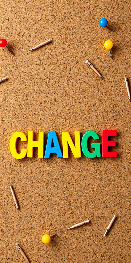 colorful letters spelling "CHANGE" on a corkboard background with pushpins, high-resolution, 50mm lens, f/2.8 aperture, natural lighting, DSLR camera, top-down view