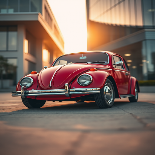 Capture a low-angle shot of a vintage red Volkswagen Beetle parked outside a modern building during golden hour with soft bokeh, using a DSLR camera with a 50mm lens, aperture set to f/1.8, ISO 100, and shutter speed 1/250 sec for enhanced clarity and rich colors.