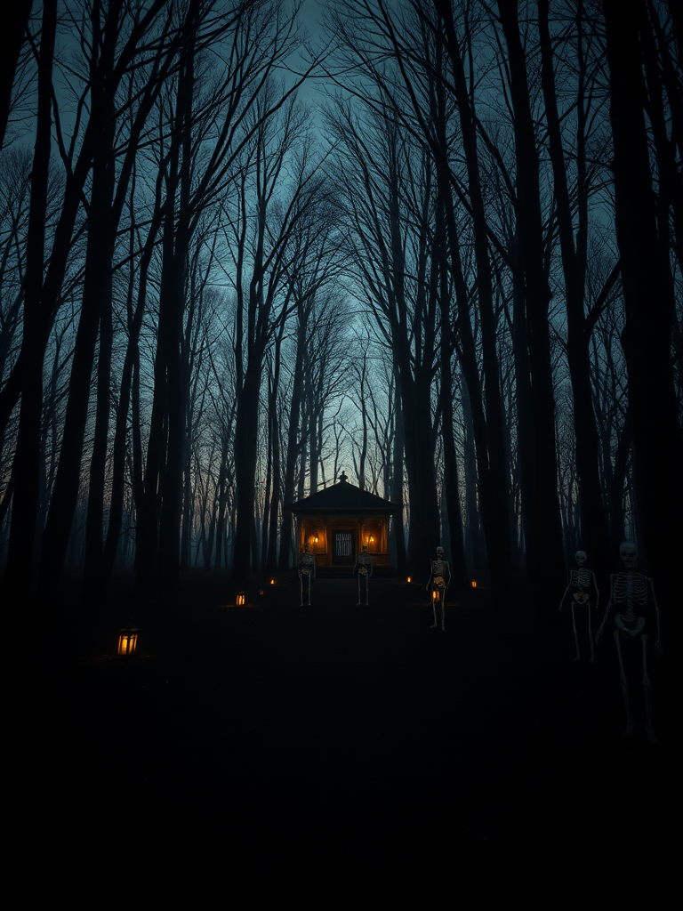 Create a high-resolution image of a dark, eerie forest scene at twilight with a pathway leading to a small temple surrounded by tall, bare trees, featuring three skeleton figures on the path, soft glowing lanterns illuminating the scene, using a DSLR camera with a 50mm lens, aperture set to f/2.8, ISO 200, shutter speed 1/60s, with a dramatic low-angle view.