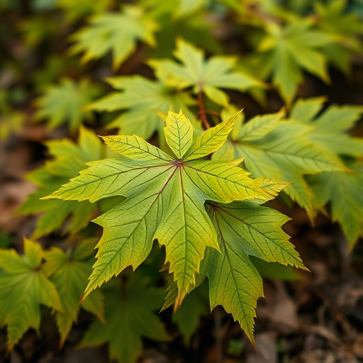 high-resolution image of overlapping green maple leaves on the forest floor, macro view, shallow depth of field, f/2.8 aperture, 50mm lens, natural light, DSLR camera