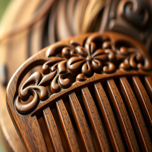 Generate a highly detailed close-up of a vintage wooden hair comb with intricate carvings, captured with a Canon EOS R5, 50mm f/1.2 lens, ISO 100, aperture f/2.8, in natural light, ensuring a soft bokeh background to enhance the texture and craftsmanship of the comb.