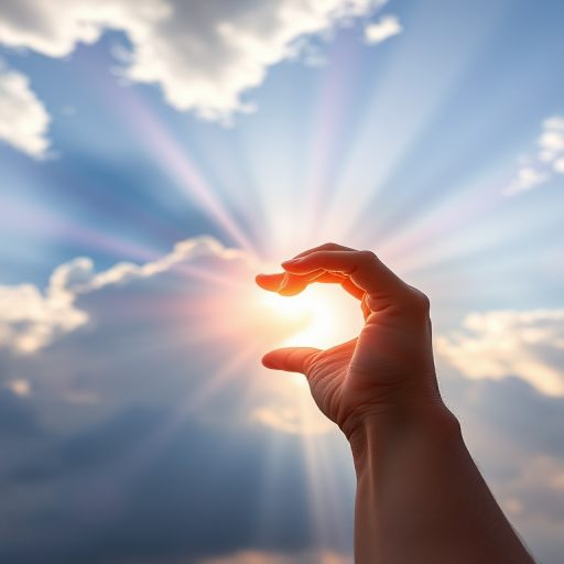 Create an ethereal scene of a glowing heart shape being held by a hand against a dramatic sky filled with clouds, captured with a Canon EOS R5 at f/1.8, ISO 100, 1/200s, wide-angle lens, soft-focus effect, emphasizing vibrant colors and luminous rays of light.