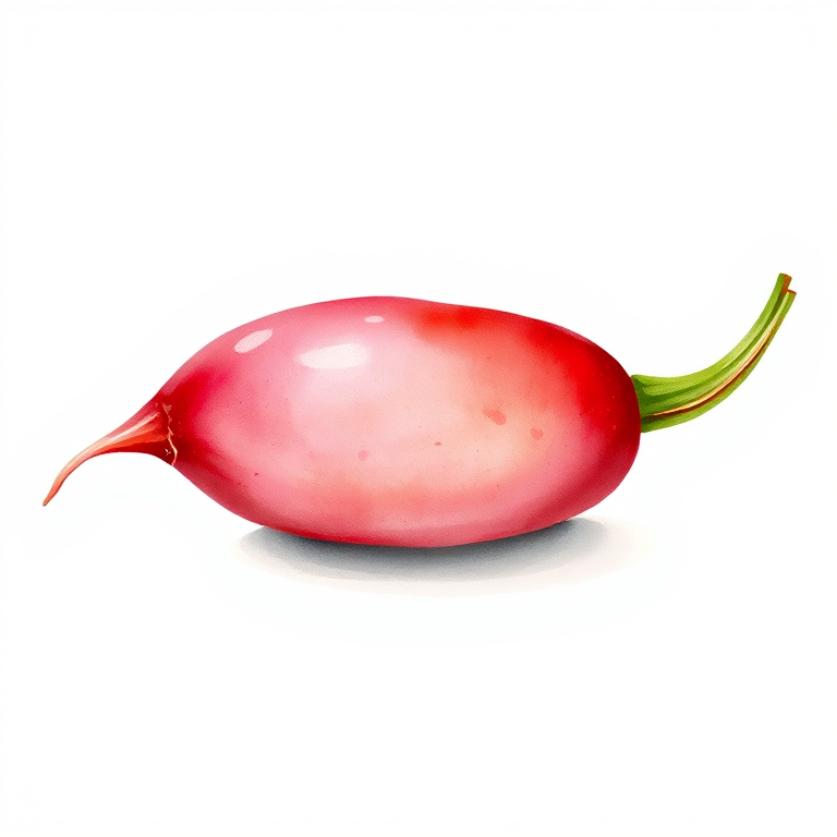 Generate a high-resolution watercolor illustration of a single red radish with green leaves, using a 50mm lens at f/2.8 aperture, soft lighting, shot from a slightly elevated angle, utilizing a DSLR camera for enhanced detail and color vibrancy.