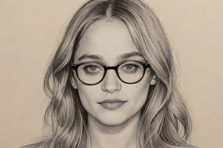 Appealing Jemima Kirke, pencil sketch, portrait of Exquisite woman 1973s in glasses, hair style beatnik, outline, clear lines, fine lines, 8k