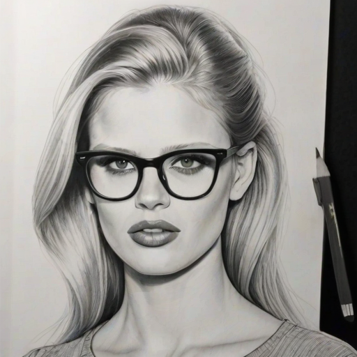 Delightful Lara Stone, pencil sketch, portrait of Comely woman 1964s in glasses, hair style beatnik, outline, clear lines, fine lines, 8k