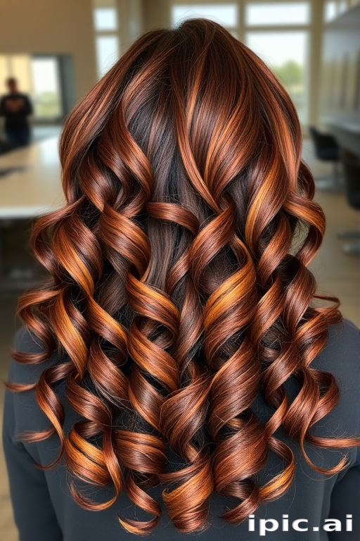 Luscious chocolate brown curls styled in the "Cocoa Cascade" fashion tumble down her back in voluminous ringlets, interspersed with caramel highlights and a subtle ombre effect