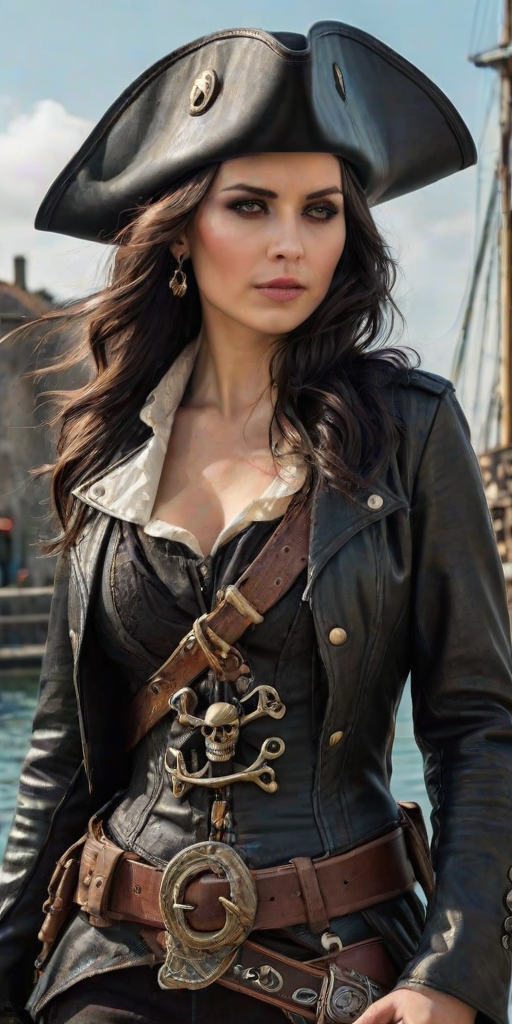 Create a portrait of a fierce female pirate. She wears a leather tricorn hat adorned with a skull and crossbones emblem, and her long, dark hair flows around her face. Her outfit consists of a richly detailed leather jacket, a corset, and multiple layers of belts and accessories, giving her a formidable and stylish appearance. She stands confidently in a dimly lit, historic port town, with a backdrop of weathered buildings and cobblestone streets, capturing the adventurous spirit of a pirate.