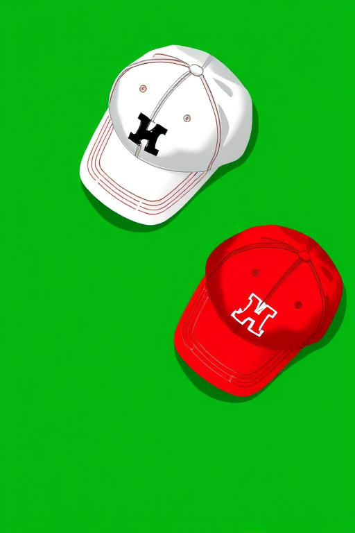Create a high-resolution illustration of two baseball caps, one white with a black logo and one red with a white logo, positioned on a solid green background, using a DSLR camera with a 50mm lens, f/1.8 aperture, 1/100s shutter speed, and natural lighting for enhanced clarity.