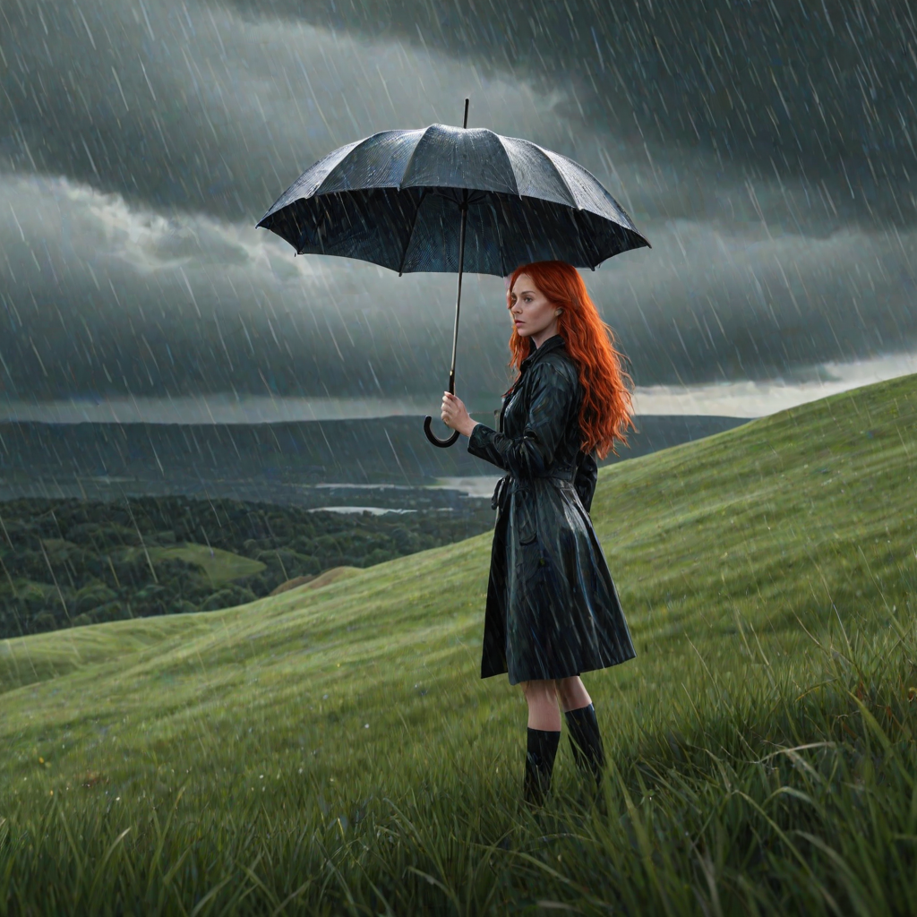 A surreal hand-drawn digital artwork depicting a mysterious red-haired woman standing on a grassy hill under the rain. She holds an umbrella crafted from iridescent zircon, its vibrant sheen contrasting with the soft, rainy atmosphere. The scene feels dreamlike, blending the natural elements of the hill and rain with the otherworldly shimmer of the umbrella.