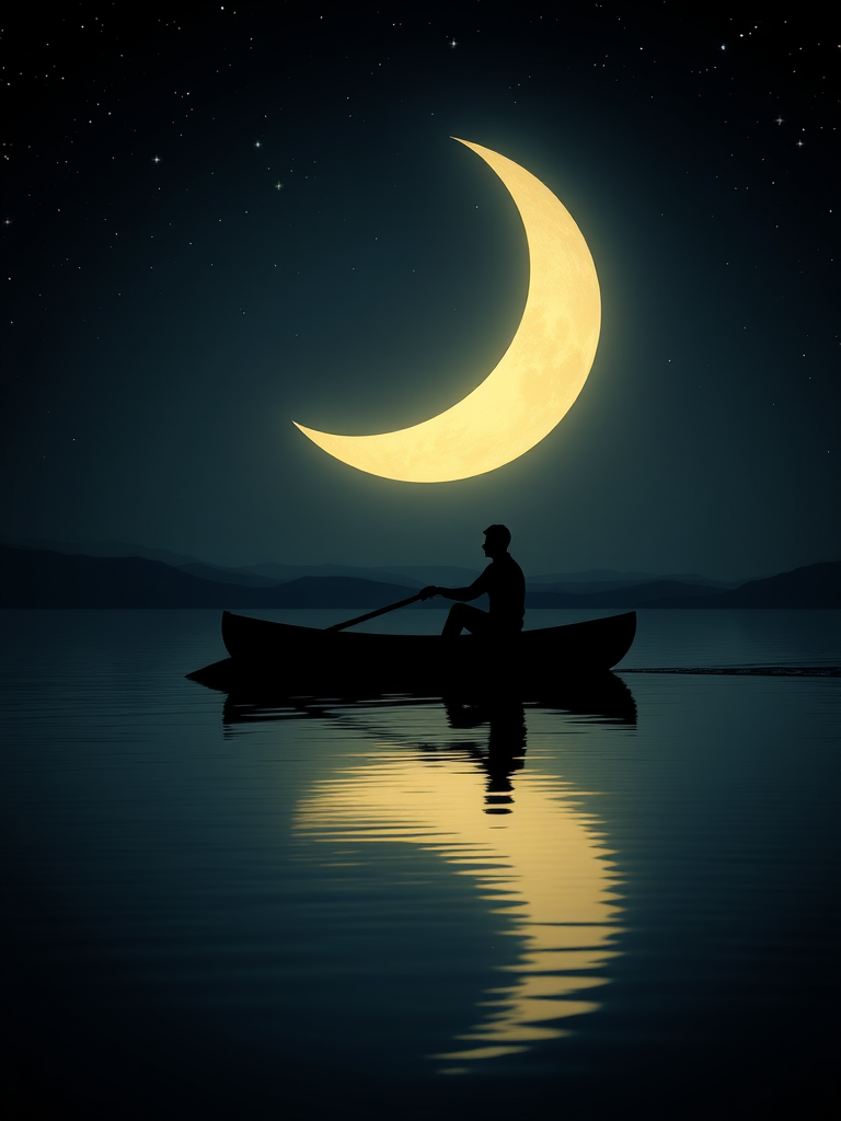 Create an image of a silhouette of a person rowing a crescent moon on a calm water surface at night, with stars twinkling in the background, using a DSLR camera at f/2.8, ISO 100, 50mm lens, with a soft focus effect and a slight vignette.