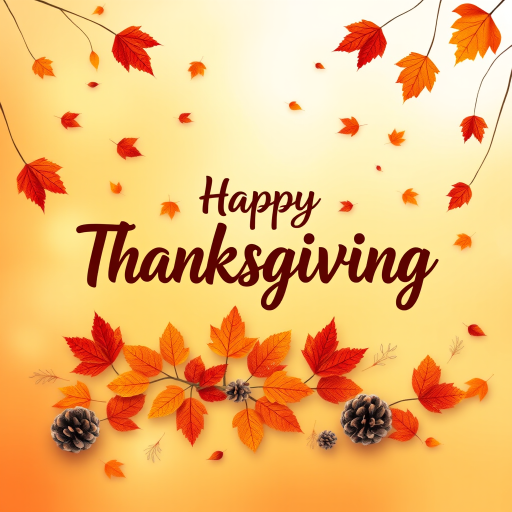 Create a warm and festive autumn-themed image with a gradient background of orange and yellow hues. Include a variety of falling leaves in shades of red, orange, and brown. In the center, display the text "Happy Thanksgiving" in a stylish and inviting font, using a dark brown color for contrast. Add subtle decorative elements like pine cones and additional leaves for a cozy, seasonal feel.