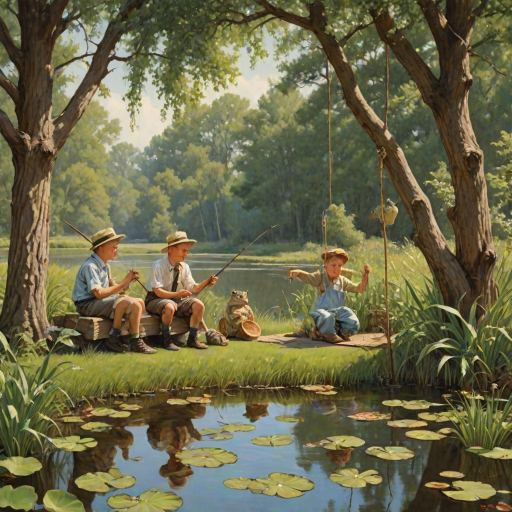 Imagine a small group of old fashioned young boys out fishing by the creek, a swing hanging from a tree branch, reeds and grasses by the water's edge, a frog sitting on a lily pad, dragonflies hovering over som water plans, a very iconic old fashioned scene reminiscent of a Norman Rockwell painting style