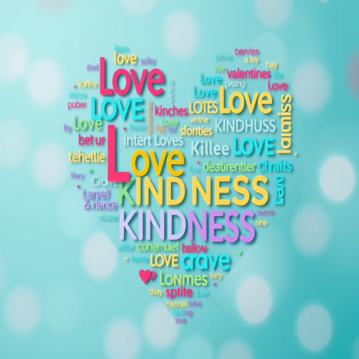 Generate an image of a heart shape filled with colorful words related to love and kindness, shot with a Canon EOS R, 50mm lens at f/1.8, ISO 100, 1/125s, softly blurred background for depth.