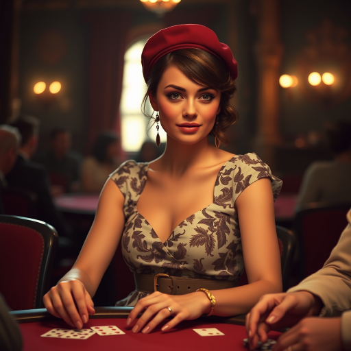 a beautiful woman,Chignon,Burgundy,dressed in a printed day dress with a belted waist and a beret,Play a strategic game of poker with a cool and collected demeanor,extremely beautiful masterpiece contest winner Ultra Detailed Highres,Fujifilm Neopan 100,volumetric lighting
