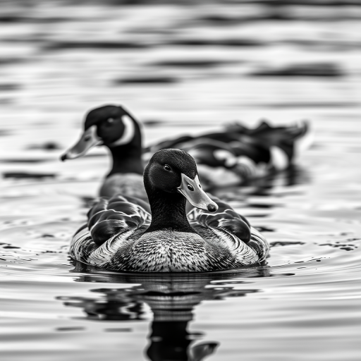 Capture a high-contrast black and white image of two ducks swimming in calm water, using a Canon EOS R5 with an aperture of f/4, shutter speed of 1/500 sec, ISO 200, portrait view, and a shallow depth of field to emphasize the details of the ducks' feathers and expression.