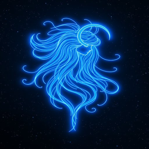 Create an ethereal depiction of a blue glowing Virgo zodiac symbol with intricate flowing hair, set against a cosmic starry background; use a DSLR camera with a 50mm lens, aperture f/1.8, ISO 100, and a long exposure of 2 seconds for enhanced clarity and depth.
