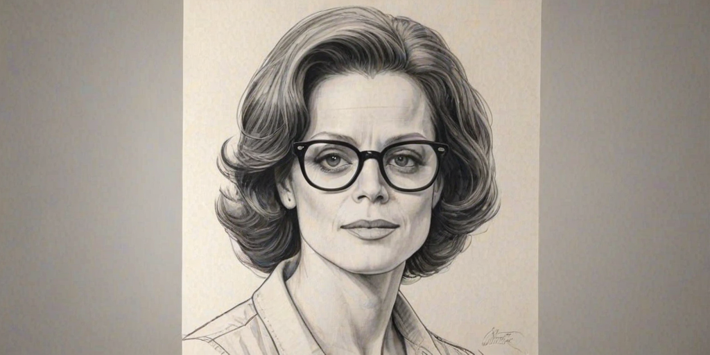 Beautiful Sigourney Weaver, pencil sketch, portrait of beautiful woman 60s in glasses, hair style beatnik, outline, clear lines, fine lines, 8k