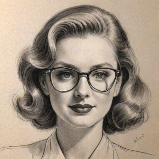 Radiant Gillian Vigman, pencil sketch, portrait of Stunning woman 1939s in glasses, hair style beatnik, outline, clear lines, fine lines, 8k