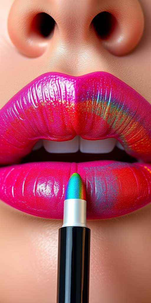 Whimsical "Rainbow Prism" lip stain creates a multihued effect on precisely lined lips, featuring a unique formula that shifts colors as light reflects off the surface