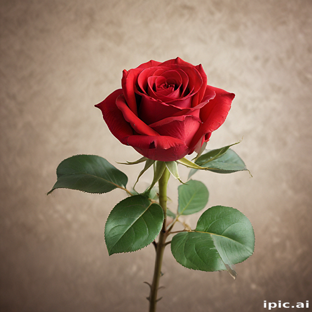 Single Red Rose with Lush Green Leaves Against a Soft Background