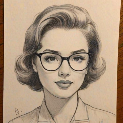 Attractive Peyton Elizabeth Lee, pencil sketch, portrait of Enticing woman 1955s in glasses, hair style beatnik, outline, clear lines, fine lines, 8k