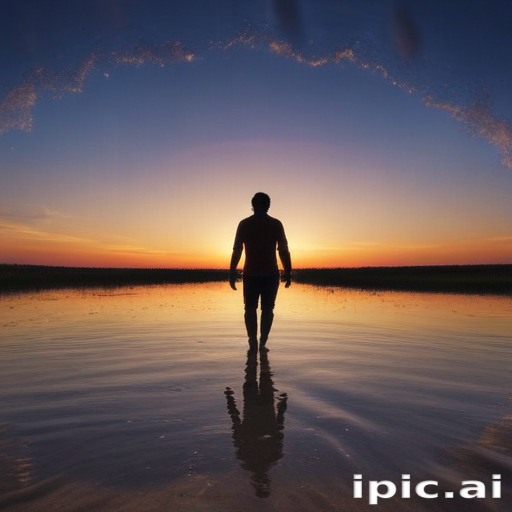 Silhouette of a Person Walking Towards a Vibrant Sunset Reflection