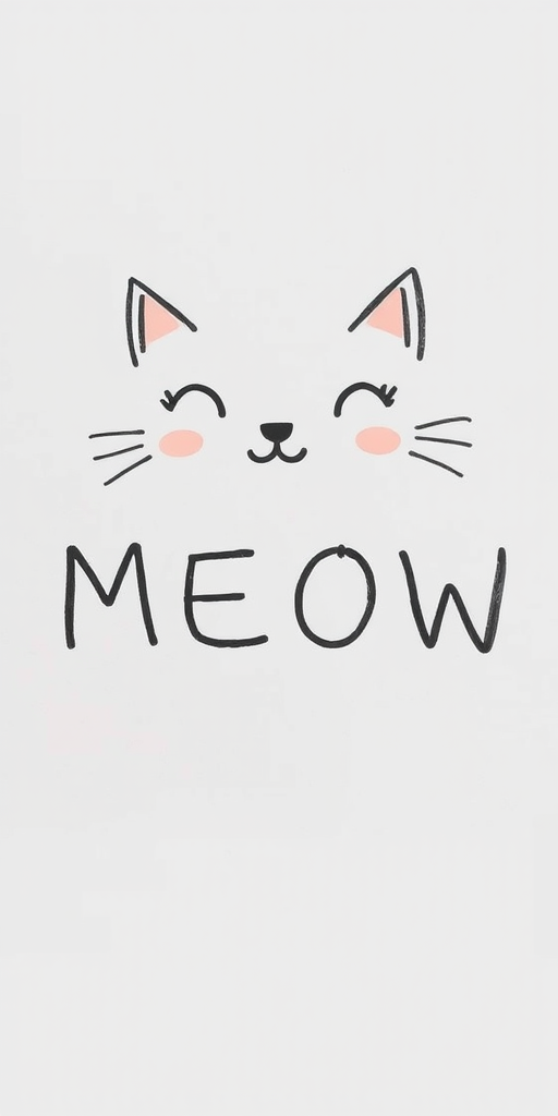 Draw two cute cat faces with simple features on either side of the word MEOW written in a playful font. The cats should have pointy ears, whiskers, and blushing cheeks, while the background should be plain and light-colored.