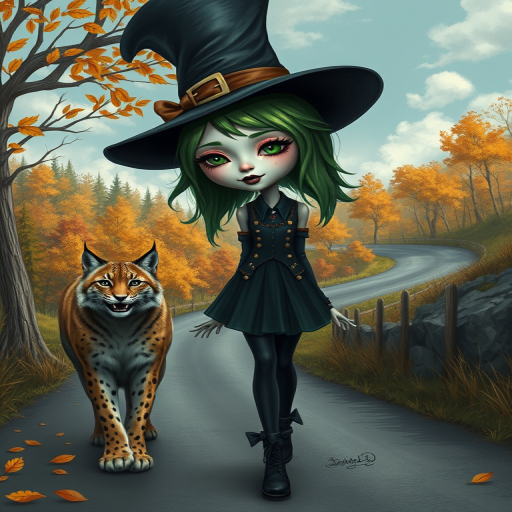 digital art fantasy depicting a strange girl with green hair, long eyelashes, black lipstick and a tall hat walking along a winding road on an autumn afternoon, an Lynx smiles as she passes