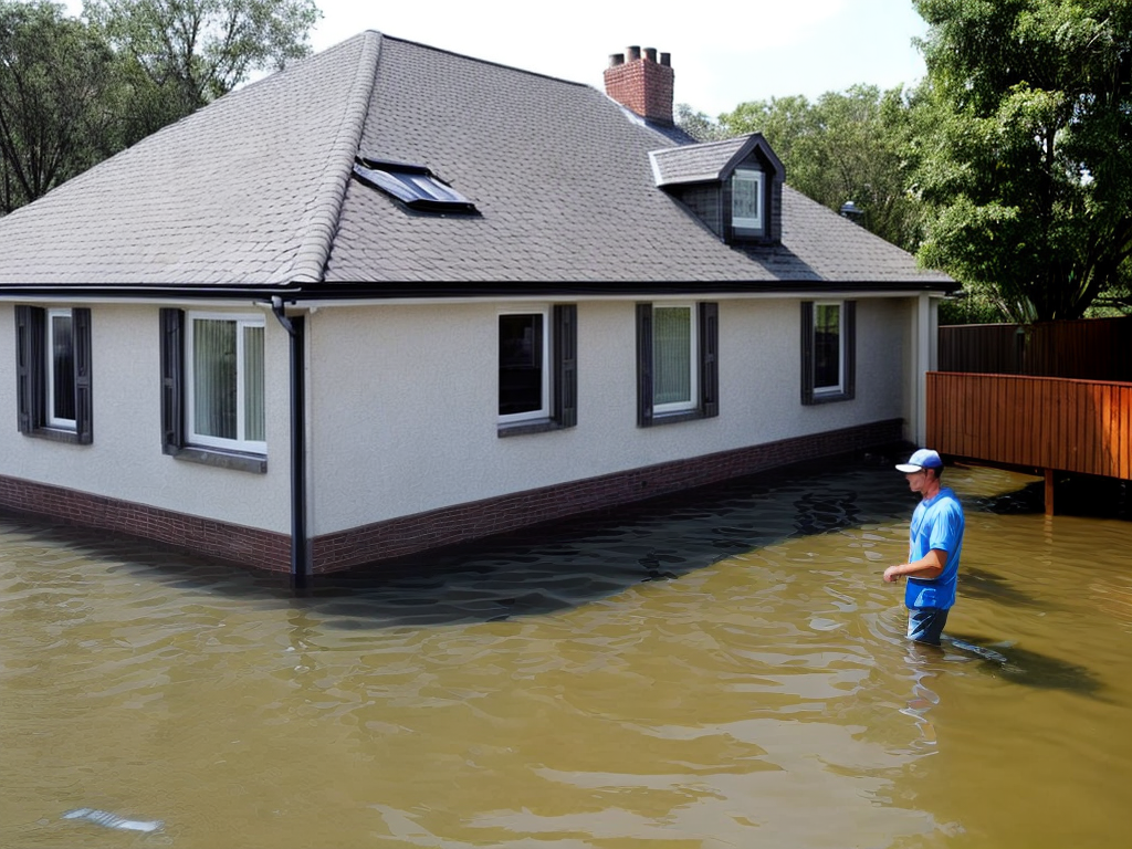 man standing outside flooded house