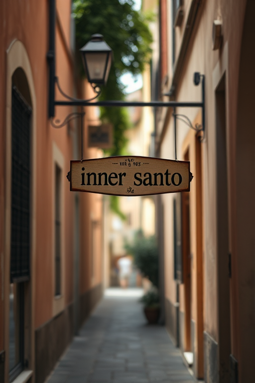 regenerate the image of an alleyway with a sign reading "inner santo," captured with a Canon EOS R5, 50mm lens, aperture f/1.8, shutter speed 1/200s, ISO 100, in natural light, showcasing a shallow depth of field for a soft background blur, highlighting the details in the foreground and creating a warm, inviting atmosphere.