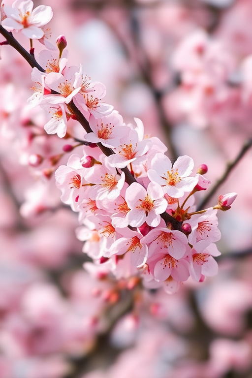 Capture a high-resolution close-up of cherry blossom branches in full bloom with a soft focus background, using a DSLR camera, 50mm lens, aperture f/2.8, ISO 200, and a natural light setting to enhance the delicate pink hues and details of the flowers.