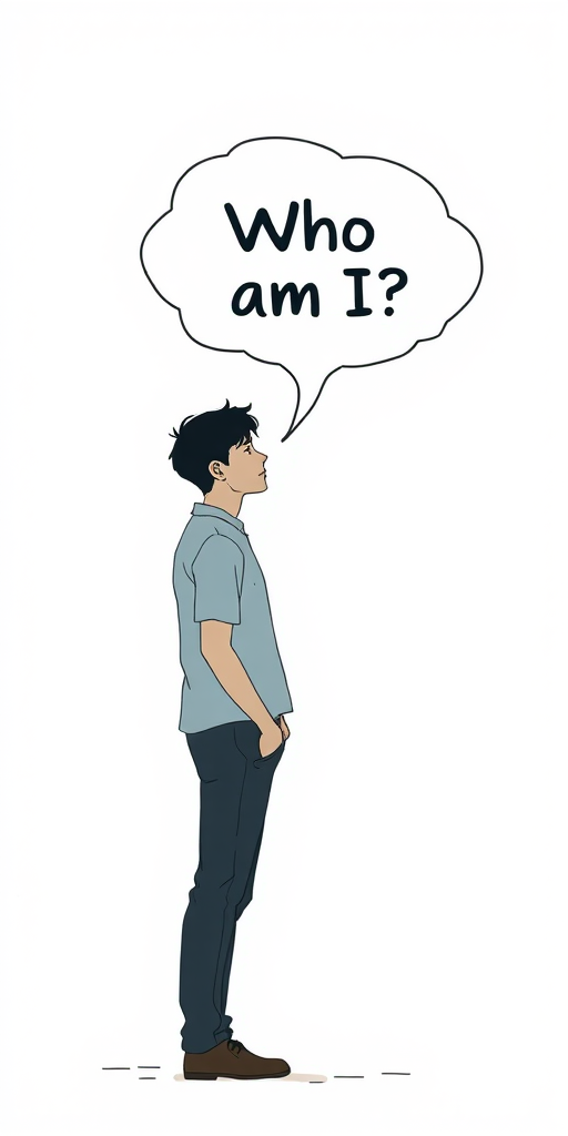 Create a high-resolution digital illustration of a person standing in profile, with a thought bubble containing the text "Who am I ?," surrounded by abstract lines; use a Canon EOS R5, 50mm lens, f/1.8 aperture, ISO 100, soft lighting, and a minimalistic background for clarity.