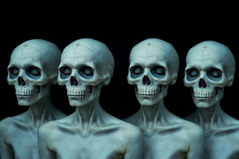 Generate a surreal portrait of four identical figures with smooth, bald skulls and cracked porcelain-like skin, each with a melancholic expression, set against a dark background, shot with a Canon EOS R5 at f/1.4, 50mm lens, ISO 100, 1/200 sec exposure, using a soft focus effect to enhance the ethereal quality.