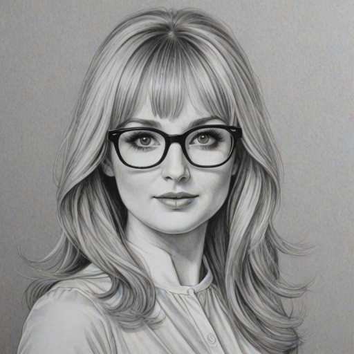 Stunning Melissa Rauch, pencil sketch, portrait of Alluring woman 1967s in glasses, hair style beatnik, outline, clear lines, fine lines, 8k