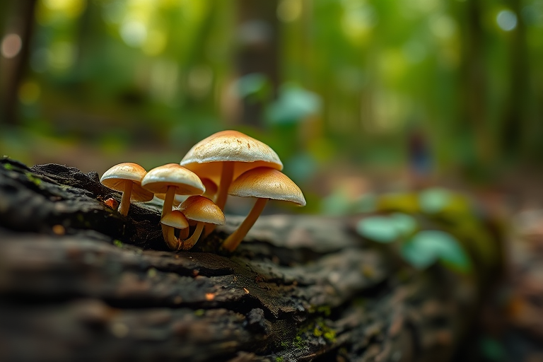 macro shot of mushrooms growing on a decaying log in a forest, natural lighting, shallow depth of field, f/2.8, ISO 200, 1/60 sec, DSLR camera, 50mm lens, soft focus background