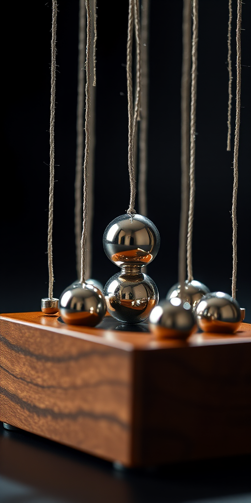 Create a hyper-realistic image of a Newton's cradle with polished silver balls and a wooden base, captured from a low-angle view with a DSLR camera, aperture set to f/2.8 for a shallow depth of field, ISO 100 for minimal noise, and a shutter speed of 1/125s to freeze motion, with dramatic lighting to emphasize reflections and shadows.